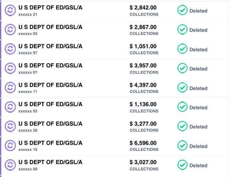 Nine collection accounts marked as deleted