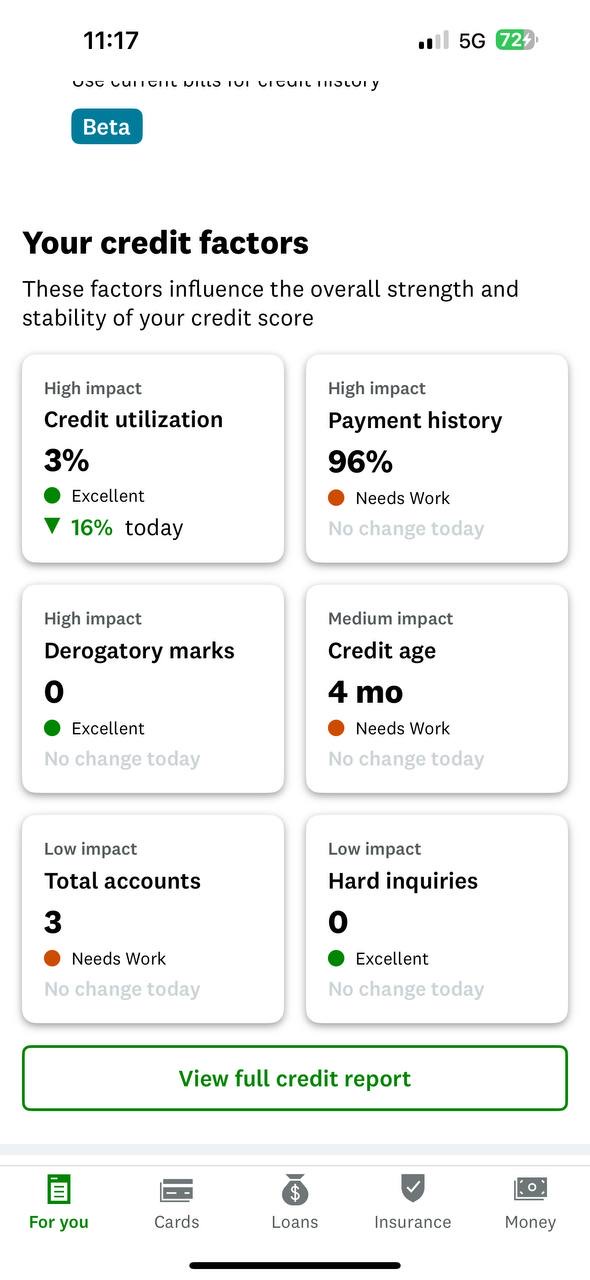 Credit factors showing 3% utilization and zero derogatory marks