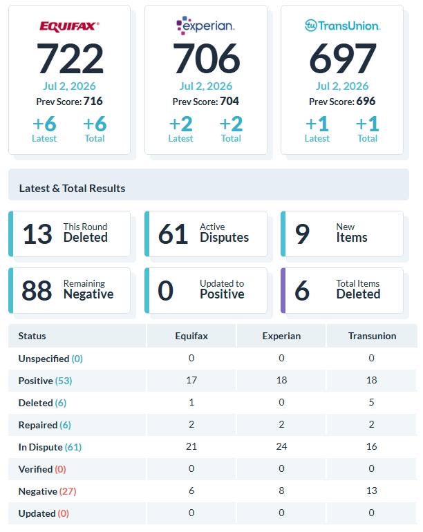 Dispute dashboard showing deleted, repaired, and positive items