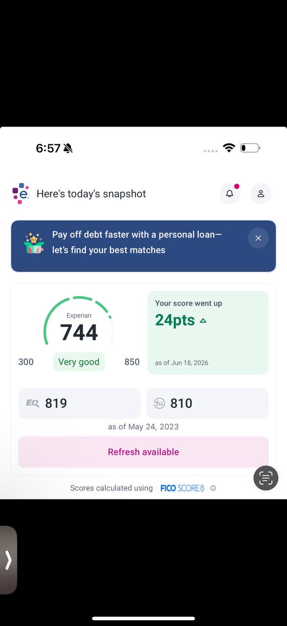 Experian 744, Equifax 819, and TransUnion 810 after a 24 point gain