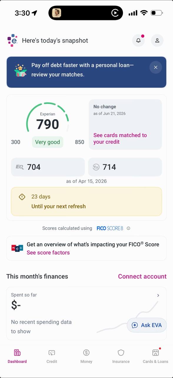 Experian score at 790 with Equifax 704 and TransUnion 714