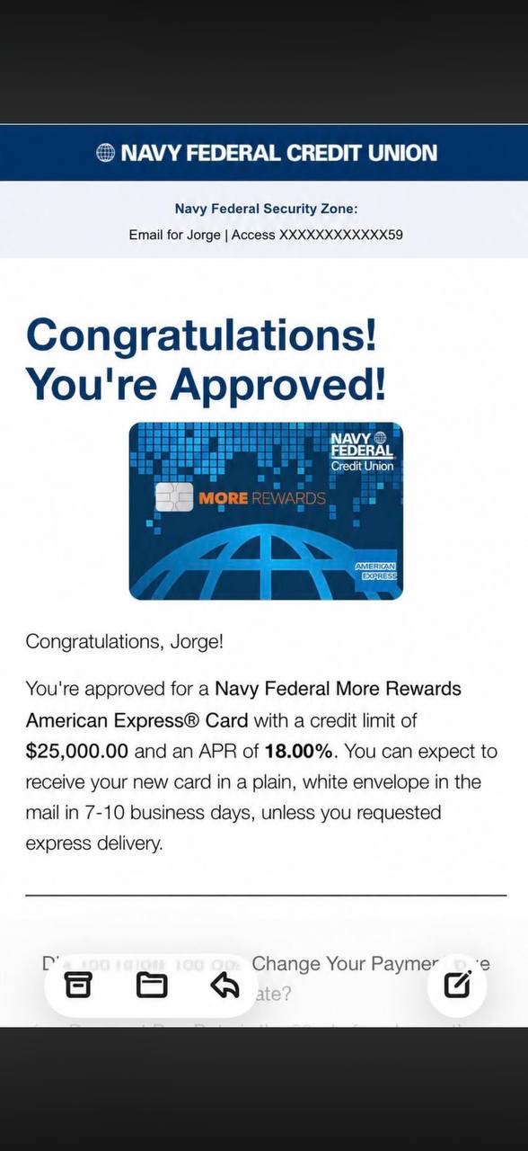 Client approved for a Navy Federal credit card with a $25,000 limit