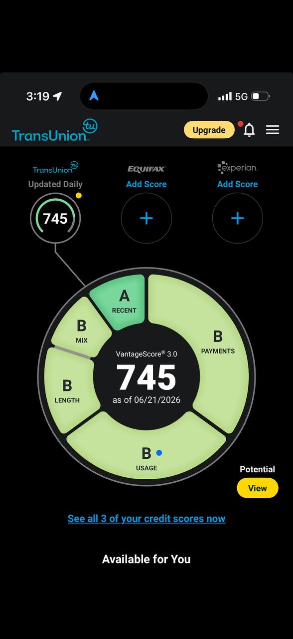 Client TransUnion VantageScore at 745